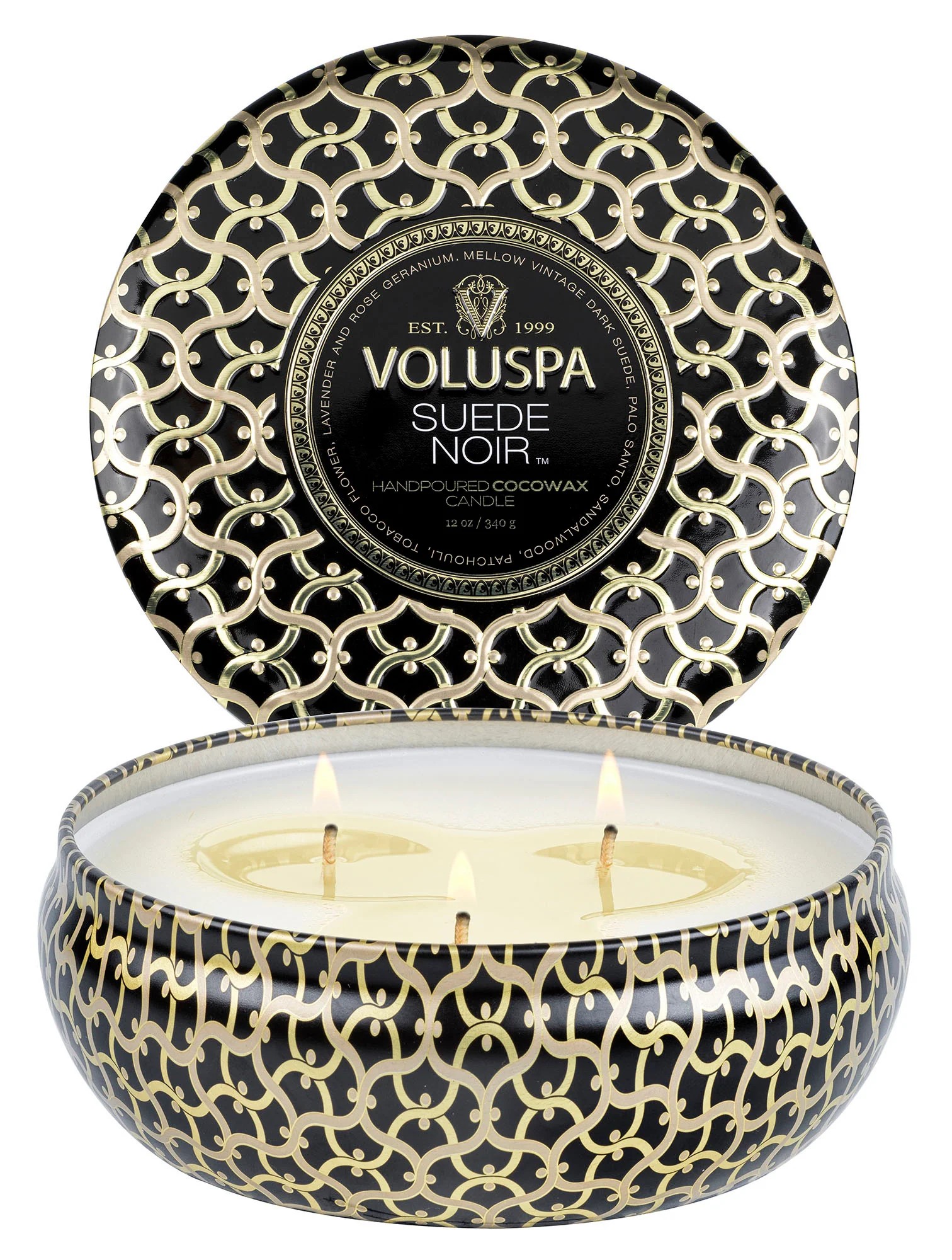 Ароматическая свеча Voluspa в декоративной банке с 3 фитилями, Черная замша 340 гр